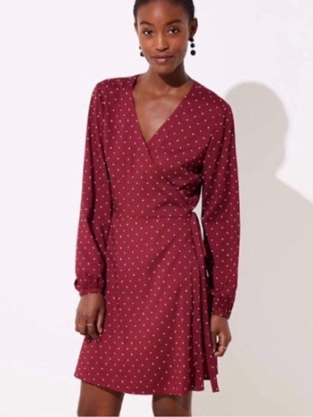 LOFT Maroon Polka Dot Wrap-Style Long Sleeve Dress